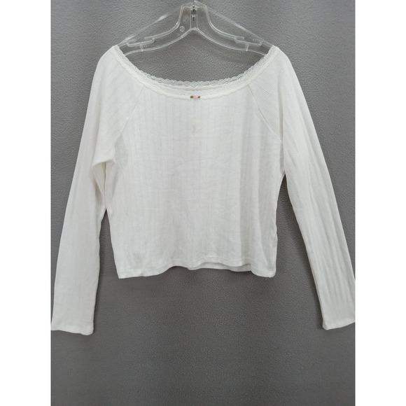 Aeropostale Pointelle Long Sleeve Lace Trim Rosette Top Women's L Coquette NWT - Picture 2 of 11